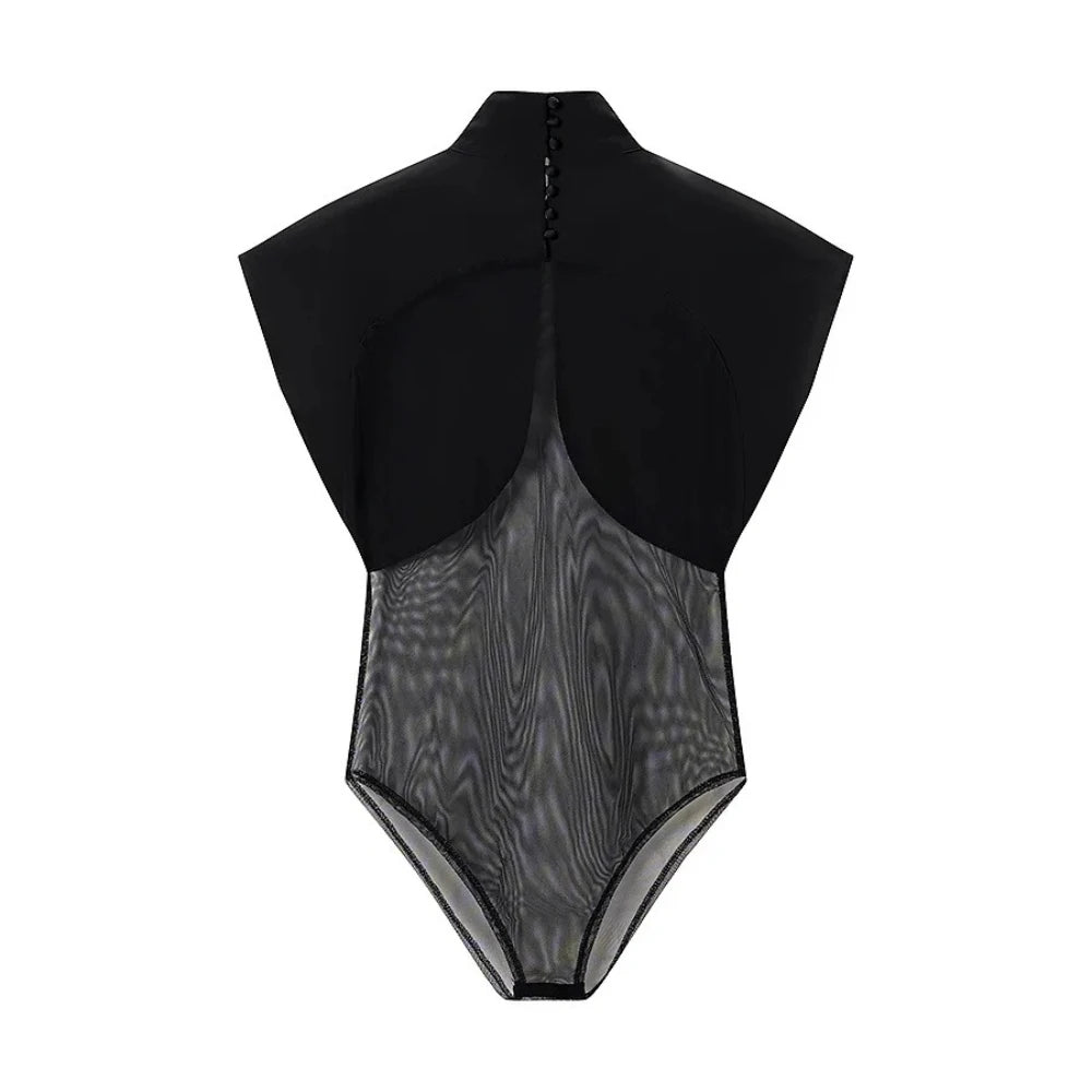 Black Loose Spliced Mesh Jumpsuits for Women Stand Collar Sleeveless Sexy Temperament Jumpsuit Female Fashion New