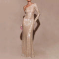 Elegant Apricot Slash Neck Stretch Long Dress Sexy Long Sleeves Off Shoulder Sparkling Diamond Evening Banquet Gowns