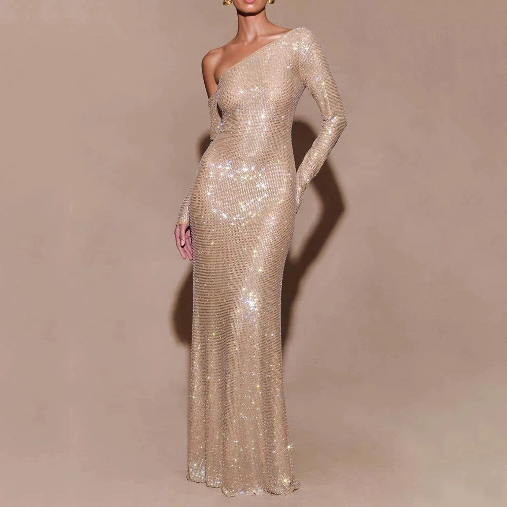 Elegant Apricot Slash Neck Stretch Long Dress Sexy Long Sleeves Off Shoulder Sparkling Diamond Evening Banquet Gowns