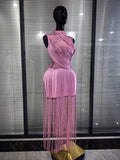 Pink Skyblue Women Sexy O-Neck Bodycon Bandage Long Tassels Gowns Dress Elegant Evening Party Birthday Homecoming Outfit