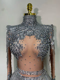 Women Long Sleeve Sexy Stretch Bodycon Shinning Tassels Rhinestones Bodysuit Celebrate Birthday Club Evening Party Stage Outfit