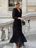 Sexy V-neck Polka Dot Long Dress Women Middle Sleeve Waist-cinching Slit Maxi Dresses Female Summer Chic Evening Party Dresses