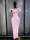 Black Pink Women Sexy Short Sleeve Shining Rhinestones Bodycon Long Bandage Dress Elegant Evening Bithday Party Cocktail Wear