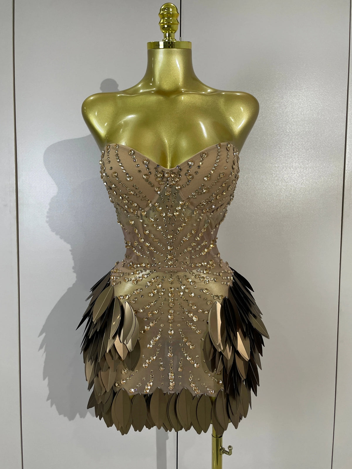 Women Sexy Strapless Mesh See Through Mini Dress Luxury Diamonds Leaf Birthday Evening Party PhotoShoot Nightclub Stage Costume