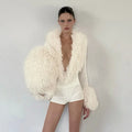 Women 2026 Fall Deep V Neck Furry Cuff Long Sleeve Short Jumpsuit Slim Fit Romper Shorts For Nightclub Date Evening Party Wear