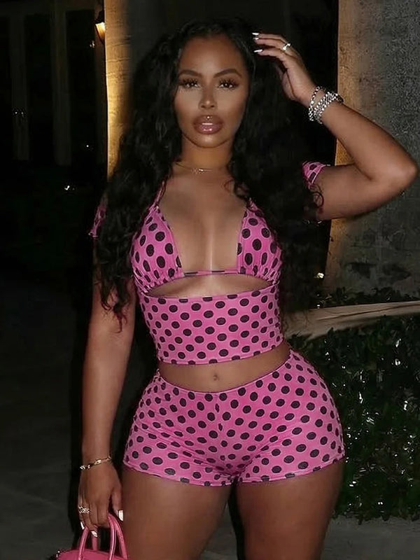 Sexy Dot Print 3 Piece Sets Women Chic Halter Bra Tops+Short Sleeves Crop Tops+Shorts Skinny Beach Vacation Clubwear