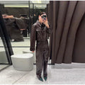 Women's Brown Faux Leather Pants Set Fashion Lapel Single Breasted Cropped Jacket Wide Leg Trouser Lady Autumn Chic Outfits