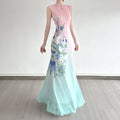 Printed Pink Green Elegant Cheongsam Dress Retro slim-fit Mesh Sleeveless Long Dress For Women Dance Qipao