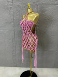 Sexy Crystal Mesh Halter Mini Dress Women Sheer Sequin Embellished Bodycon Outfit Birthday Party Nightclub Performance Costume