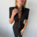 Elegant Solid Buttons Long Dress Women Waist Cinched Shoulder Pads High Collar Slit Dresses 2026 Spring Summer Lady Party Robes