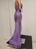 Sexy Sparkly Purple Diamond Tassel Strapless Mesh See Through Long Dress Birthday Evening Party Nightclub Bar DJ Show Stage Wear