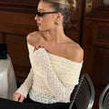 Chic Off The Shoulder Apricot Jacquard Knit T Shirt for Women Slimming Long Sleeve Ruched Design for Romantic Dates