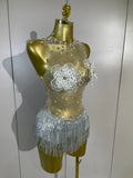 Women Sexy Mesh See Through Performance Leotard Dance Singer Show Stage Wear Luxury Sparkly Rhinestone Flower Tassels Bodysuit