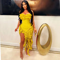 Women Summer Strapless Ruffles Tassel Dress Women Glamour Red 3D Flower Irregular Party Dress Celebrity Outfits Clubwear