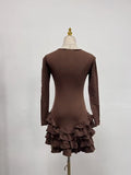 Solid Slimming Spliced Bows Dresses for Women Round Neck Long Sleeves Patchwork Ruffles Fold Dress Female Clothing