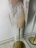 Women Sparkly Crystal Pearl Tassels Sexy Sheer See Through Bodycon Mini Silver Outfit Birthday Dress Dancer Performance Costume