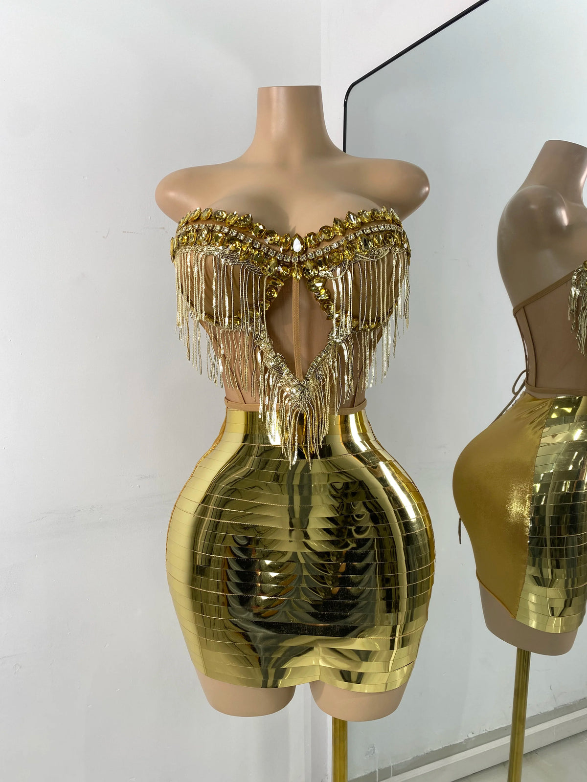 Sparkly Diamonds Top Mini Skirt Sets Gold Nightclub Performance Outfit Luxury Party Stage Celebrity Two Pieces Sets