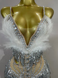2026 New Sexy Nightclub Bar DJ Performance Dancer Stage Costume Sparkly Rhinestones Feathers Tassels Mesh See Through Bodysuits