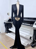 Women Long Sleeve Sexy Deep V-Neck Shinning Beading Bodycon Floor-length Dress Celebrate Evening Party Prom Cocktail Outfit