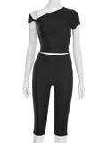 Sexy Irregular Knot 2-Piece Set Women Diognal Collar Crop Top+Capri Pants Stylish Solid Hottie Street Slim Outfits