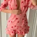 Pink Floral Printed Ruffle Hem Mini Dress Women Deep V-neck Puff-sleeve High Waist Bodycon Dress 2026 Lady Cocktail Party Wears
