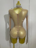 Sparkle Rhinestones Long Sleeve Gloves Stretch Bodysuits 2025 Women Evening Luxury Birthday Party Sexy Nightclub Stage Costumes