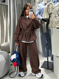 Multi Color Fleece Two Piece Outfit Womens Zip Up Drawstring Waist Pocket Jacket Lady Fall Winter Daily Streetwear Trendy Wear