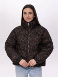 Women Leopard Print Puffer Jacket Stand Collar Zip‑Up Drawstring Hem Loose Short Warm Winter Padded Side Pockets Coat Outerwear