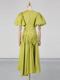 Solid Spliced Drawstring Folds Designer Maxi Dress for Women O Neck Puff Sleeve High Waist Elegant Party Dresses Female New