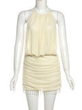 Mesh Mini Dress Women Lace-Up Halter Sexy Backless Pearl Tassel Club Party Ruched Elegant Outfits
