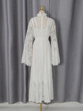 Elegant Vintage Green Lace Midi Dress for Women High Neck Sheert Flare Sleeve Belted Waist Desgin for Luxury Dinners Party