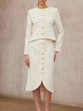 Minimalist Style Two Piece Set Female O Neck Long Sleeve Top with Button High Waist Split Bodycon Office Skirts Suit Female