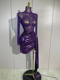 Luxury Sparkly Diamond Birthday Evening Party Nightclub Team Stage Costume Sexy Mesh See Through Purple Long Sleeves Mini Dress