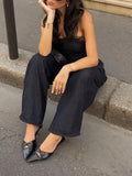 American Retro Two Piece Set for Women Strapless Sleeveless Tank Tops High Waist Wide Leg Pants Denim Suit Female