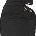 Women Sexy Strapless Cutout Maxi Dress Gold Metal Ring Decor High Waist Side Slit Bodycon Long Dress Clubwear Night Vestido