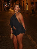 Ruched Elegant 2 Piece Set Woman Tierred Design Halter Backless Irregular Tops+Mini Shorts Beach Party Style Suits
