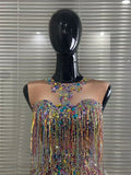 Colorful Tassels Women Sexy High Stretch Bodycon Bodysuit Vening Dress Night Club Dancer Performance Costume