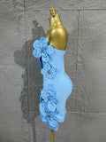 Strapless 3D Handmade Flower RhinestoneBandage Mini Dress Women Sky CorsetBodycon Short Cocktail Party Evening Dress