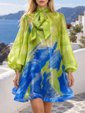 Abstract Brush Print Mini Dress for Women  Bow Tie Neck Lantern Long Sleeve Sheer Organza Loose A Line for vacation shopping