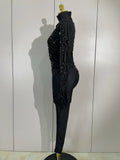 Luxury Festivals Outfit Sparkle Diamonds Sequins Black Spandex Jumpsuit Women Eveing Birthday Party NightClub Bar Stage Costume