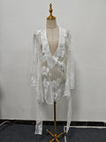 Solid Losoe Spliced Sheer Fashion Bloues for Women V Neck Long Sleeves Patchwork Lace Elegant Top Female Clothing