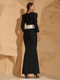 Women Celebrity Sexy Long Sleeve Patchwork Black Maxi Long Bodycon Bandage Dress 2024 Elegant Evening Club Party Outfit