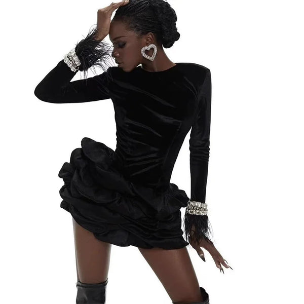 Luxury Feather Rhinestone Sleeve Lace Skirt Black Bandage Short Dress Fashion Party Stage Dress Damen Kleider Abendkleid Elegant