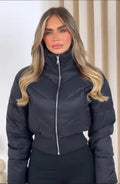 Women Cropped Puffer Jacket Stand Collar Full Zip Long Sleeve Ribbed Hem Warm Slim Fit Winter 2026 Lady Daily Casual Outerwear