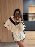 Color Block Zip Up Two Piece Set Women Long Sleeve Stand Collar Cropped Jacket High Waist Shorts 2026 Spring Summer Casual Suit