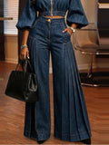 Women Suit Two Piece Denim Outfit Cropped Top Pleated Wide Leg Pants Puff Sleeve Vintage Streetwear Autumn