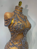 Women Sexy See Through Crystal Bodysuits Luxury Birthday Dancer Stage Performance Wear Mesh Sparkly Rhinestone Nightclub Outfit