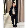 White Stripe 2 Piece Tracksuit Women Stand Collar Zip Jacket And Elastic Waist Wide Leg Pants Set Sporty Casual Matching Outfit