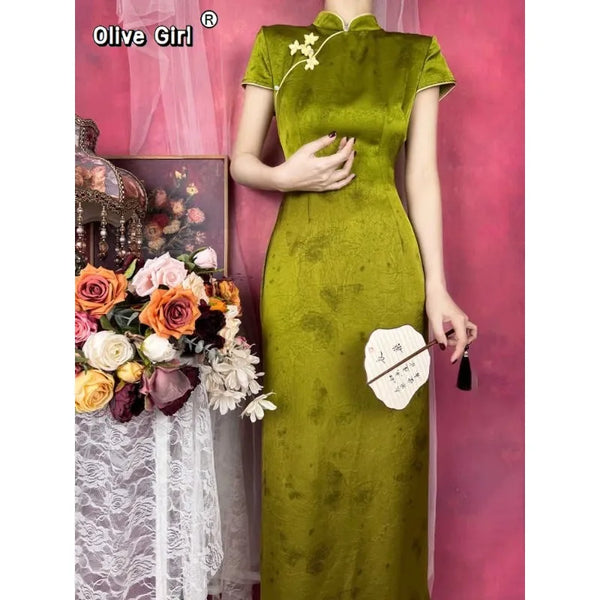 Olive Girl Green Flowing Sleeve Qipao for Ren Faire 2026 Garden Wedding Fairycore Photoshoot Everyday Wear S-XXL XS-3XL Plus Size Flowing Sleeve Romantic Garden Party Editorial Not Costume Qipao Cheongsam Chinese Dress Chinese Heritage Fashion Women