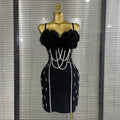 Black Color Women Sexy Strap Pearl Beading Bodycon Mini Bandage Dress Florals Celebrate Nightclub Party Cocktail Outfit